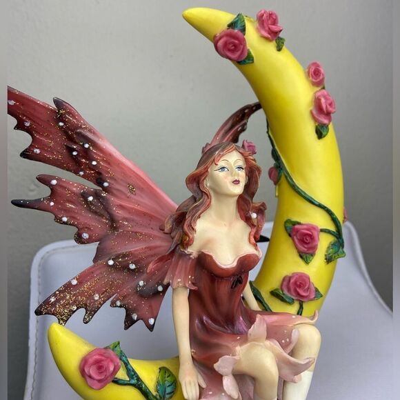 Rare! Diamond Select Fairie with Pink Wings on Quarter Moon 10"  Statue Roses - Picture 5 of 11